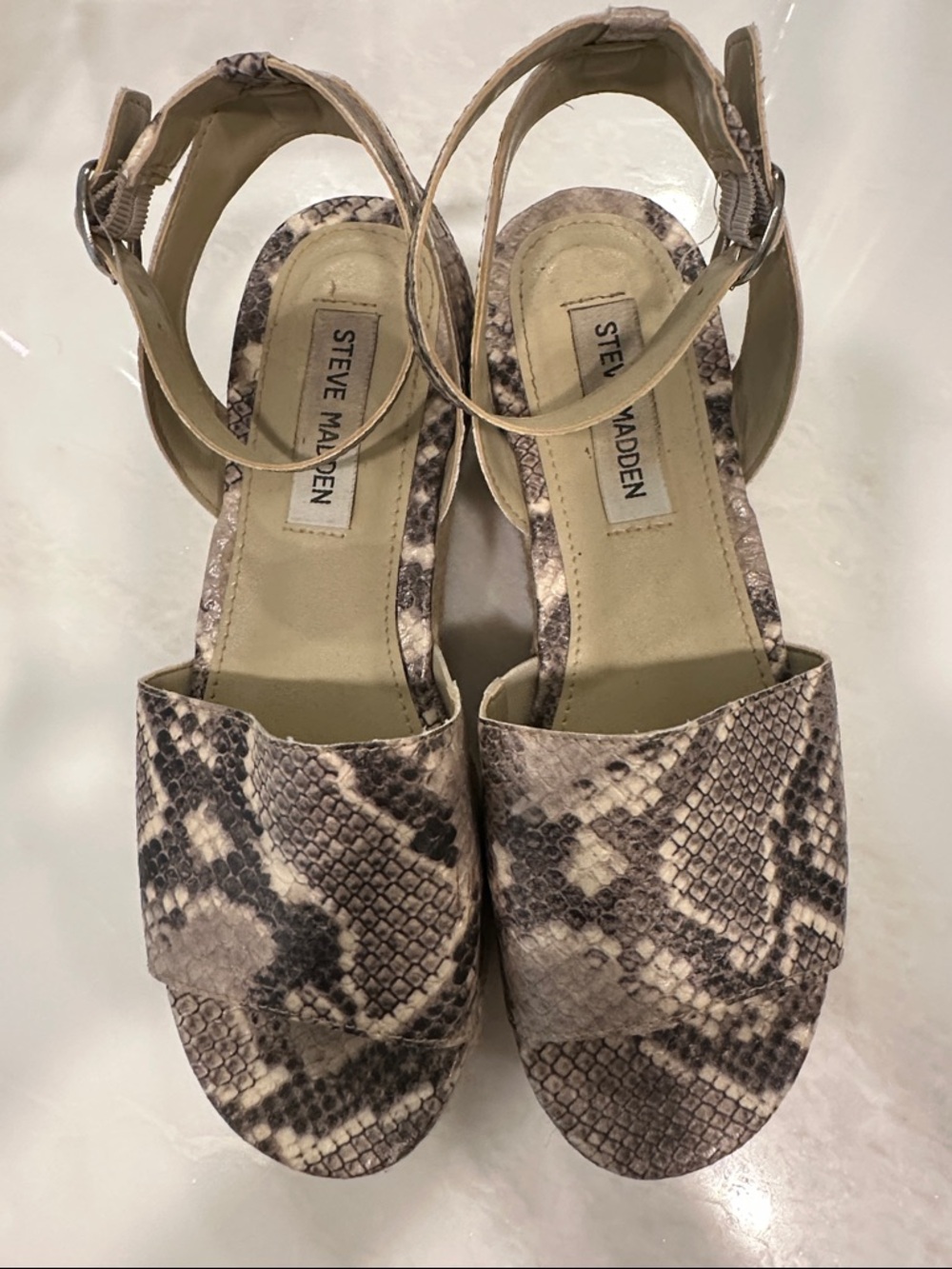 Steve Madden Neutral Snake-Print Ankle Strap Sandals